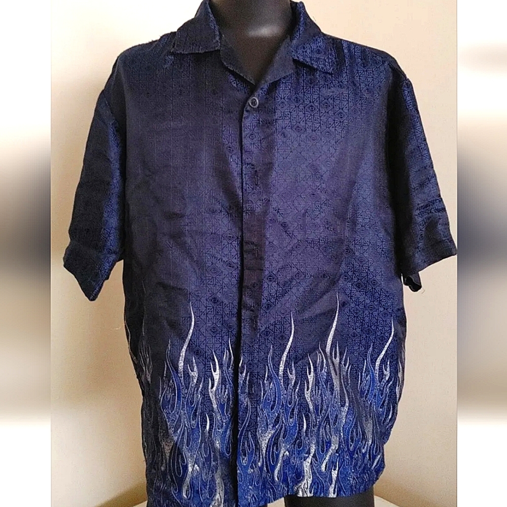 Bar - Fly Brand XL Dark Blue Button Down Shirt Short Sleeve Silver Flames